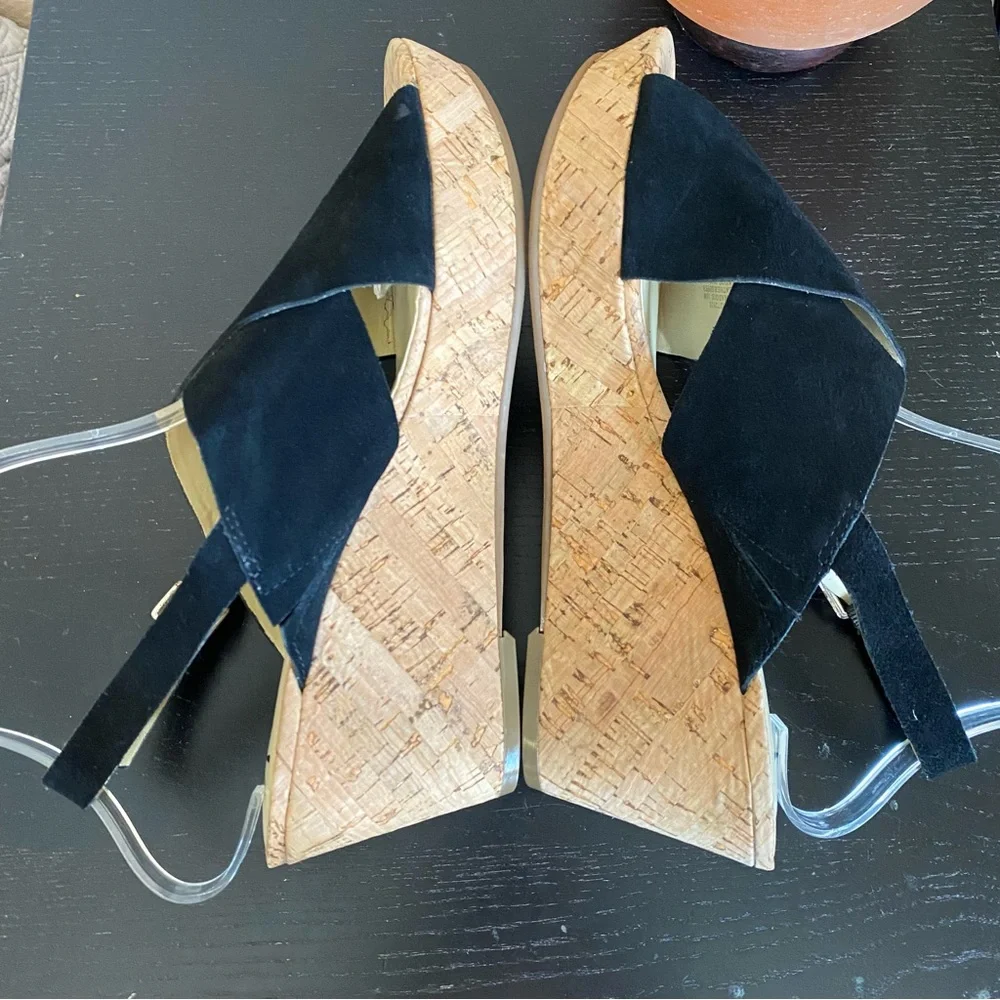 ISAAC MIZRAHI LIVE SLINGBACK CORK WEDGE SANDAL. MADDIE. BLACK SUEDE SZ 10 M